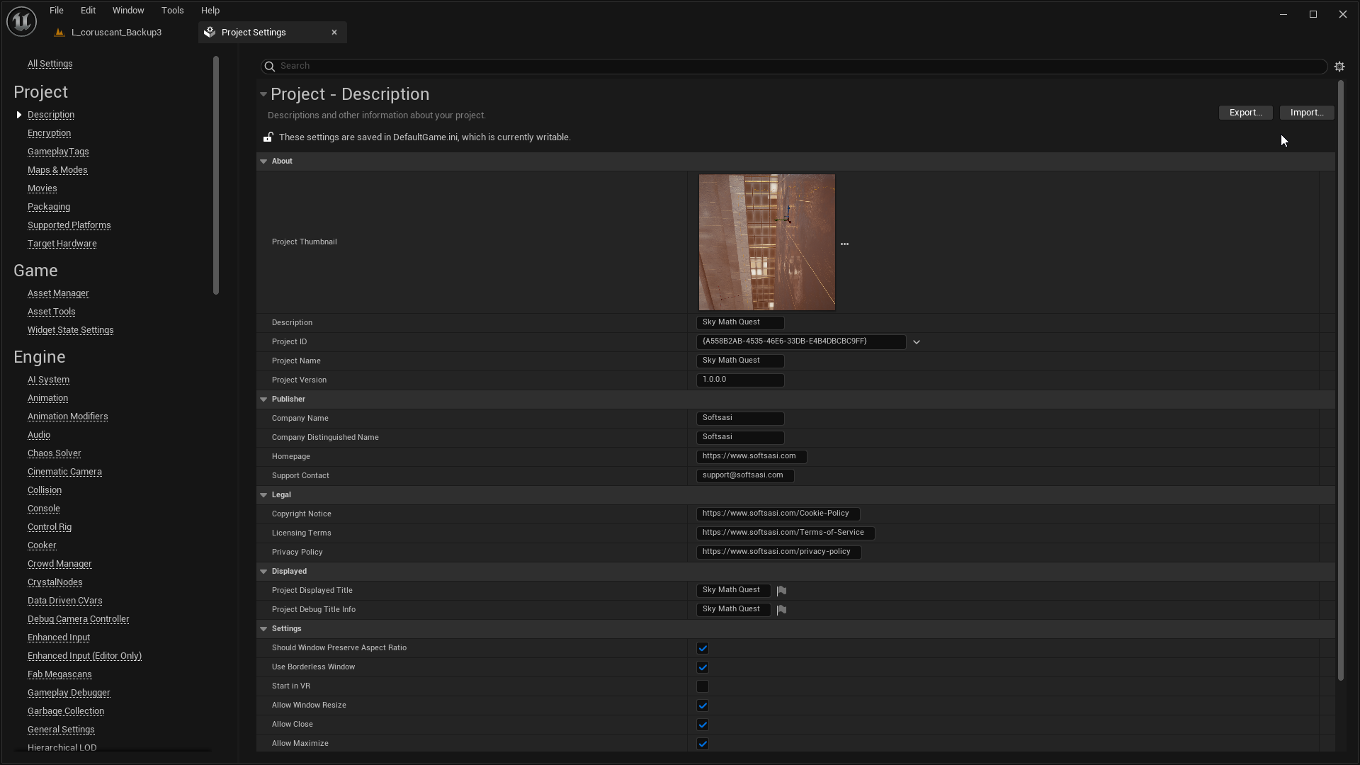 Unreal Engine Project Settings